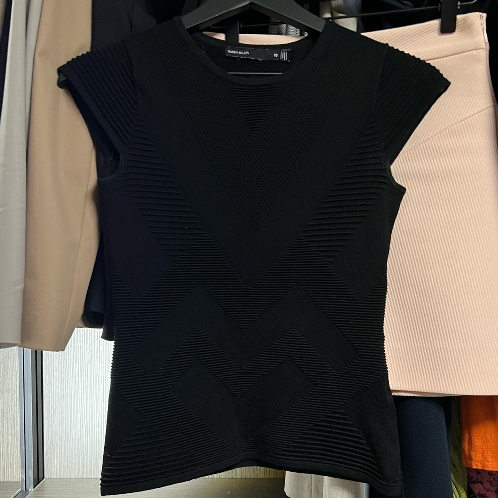 Karen Millen Black Cap Sleeve Open Stitch Top XS
